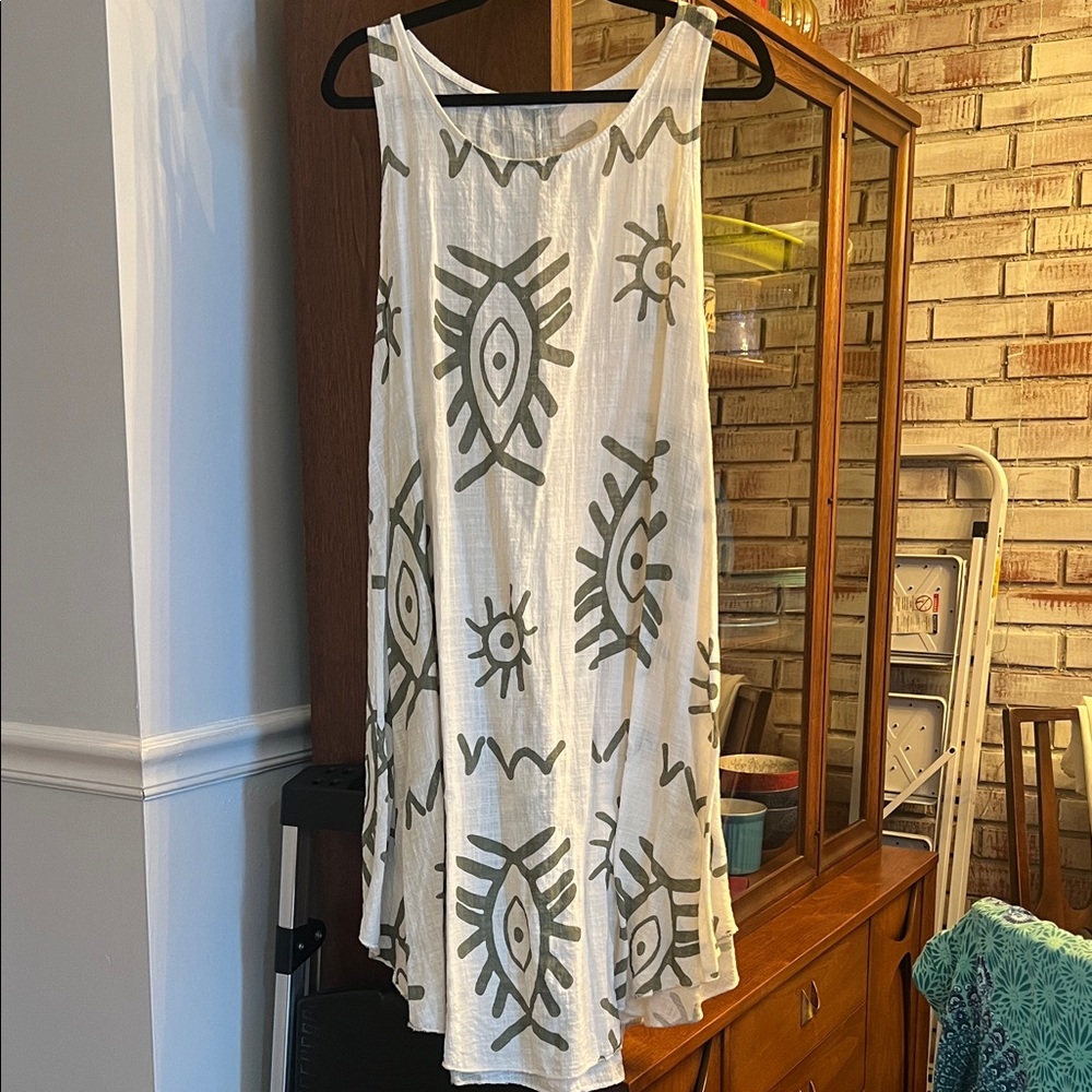White Sleeveless Dress/ cover up with Gray Designs